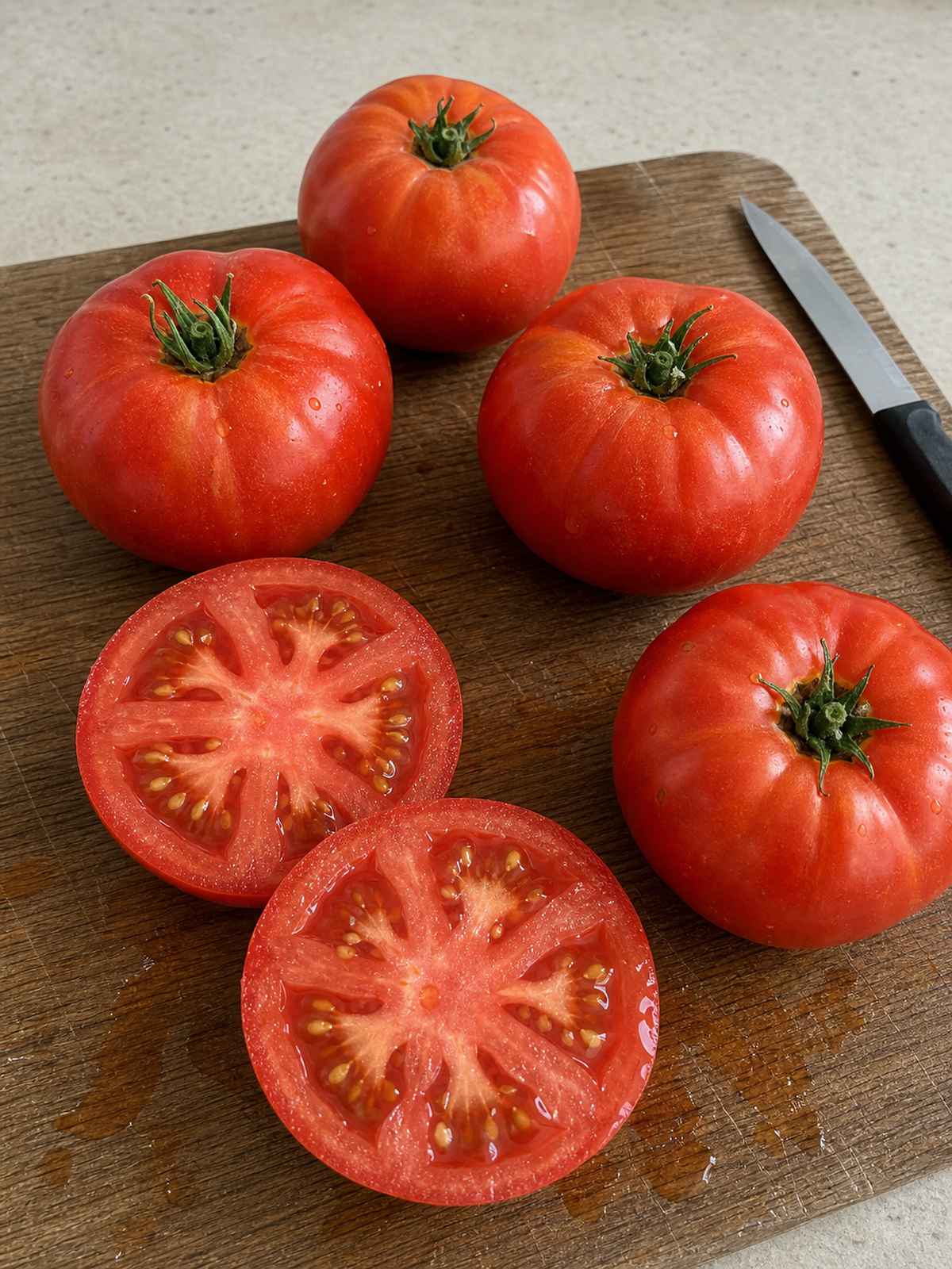 Heinz 1350 tomatoes with one sliced open to show the juicy interior