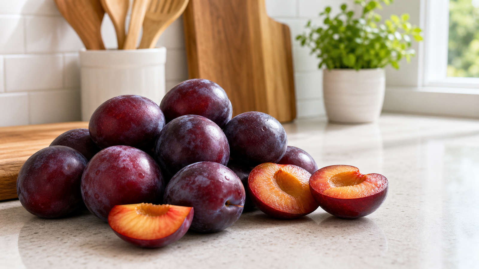 Fresh plums on a kitchen scale measuring one pound.