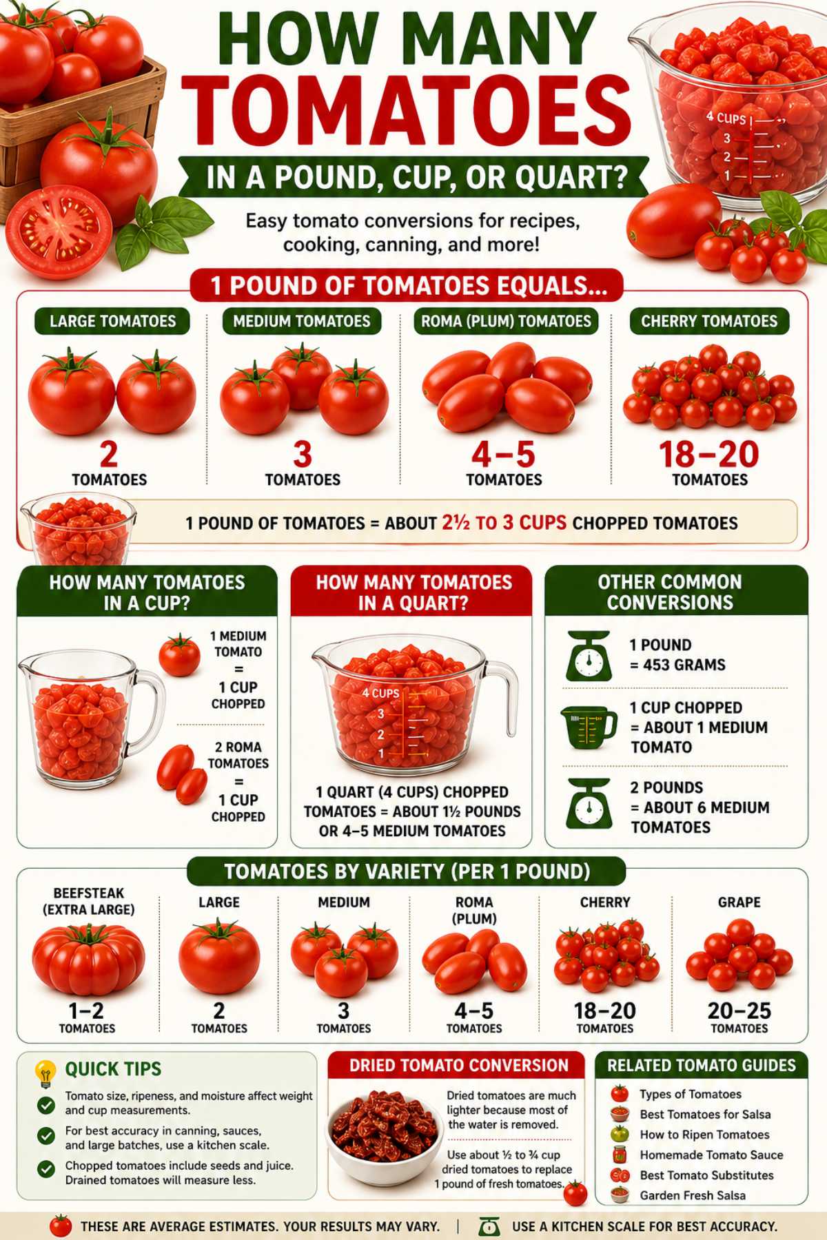 How many tomatoes in a pound, cup, and quart conversion chart