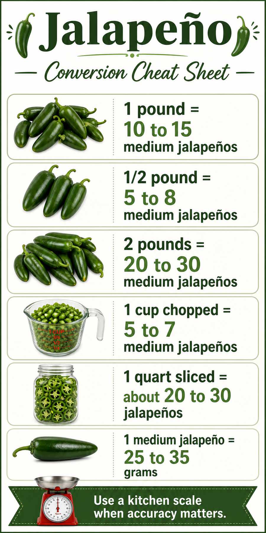 jalapeno conversion chart for pounds, cups, quarts, and grams