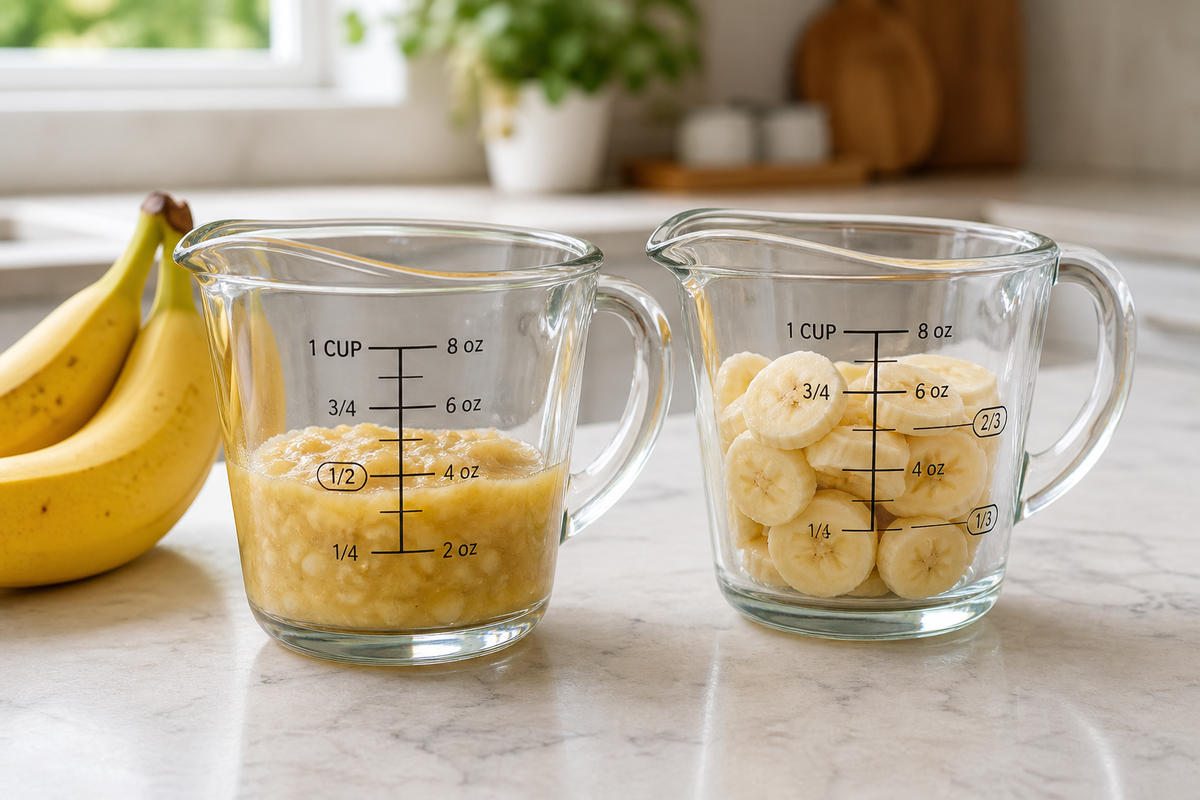 Mashed banana and sliced banana in glass measuring cups