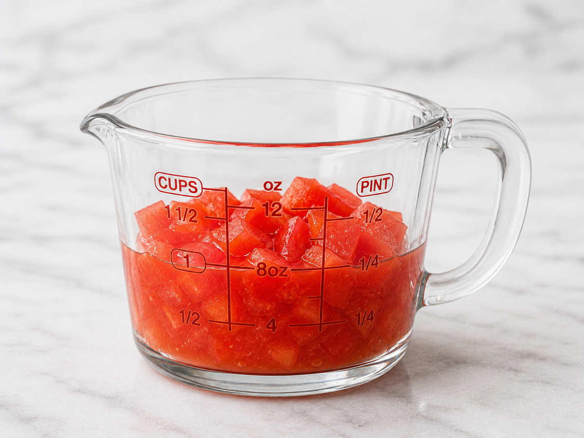 Chopped tomatoes in a glass measuring cup for tomato cup conversion