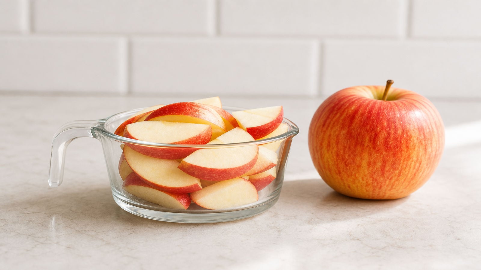 Sliced apples in a small one cup measuring cup