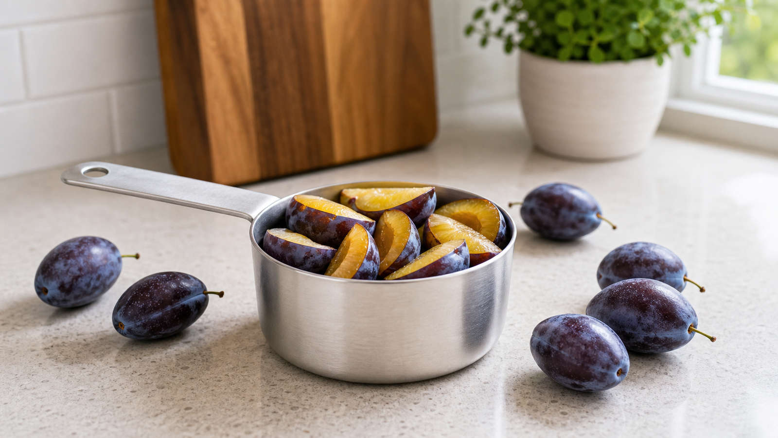 Sliced Italian prune plums in a one-cup measuring cup with whole prune plums nearby.