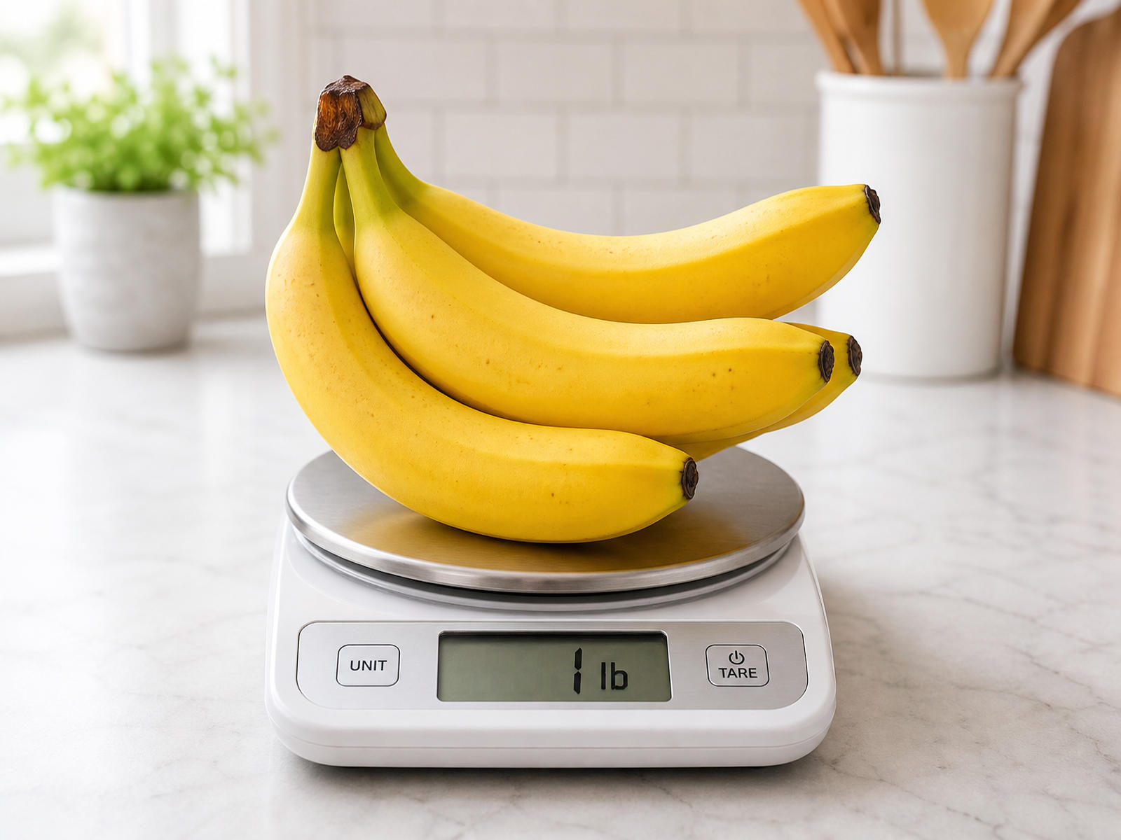 Three bananas on a digital kitchen scale reading one pound