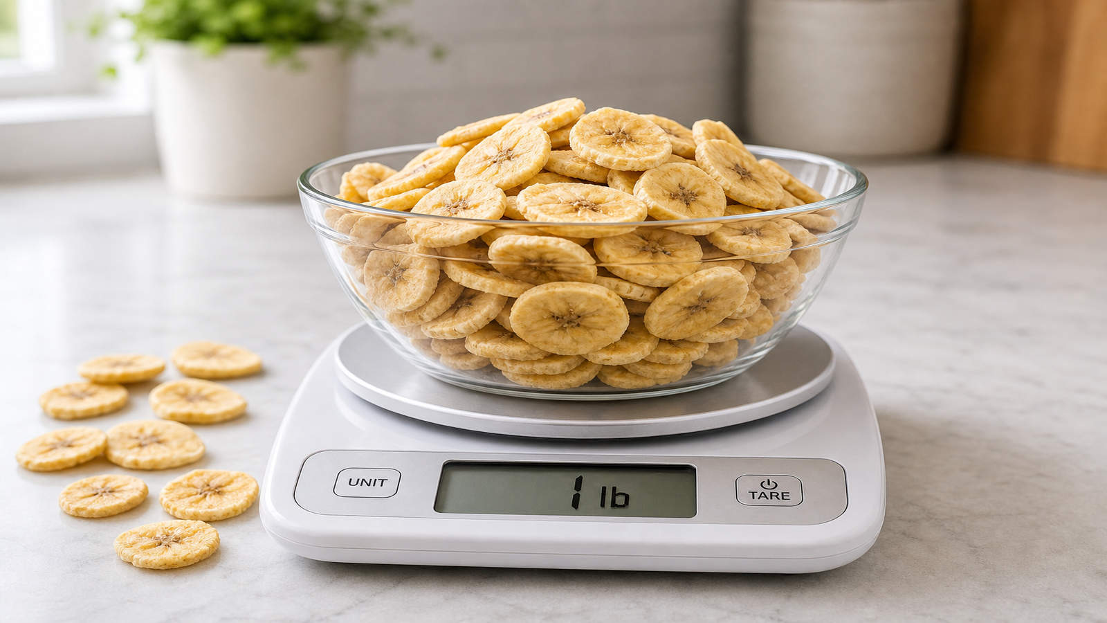 Dried banana chips in a bowl on a digital kitchen scale reading one pound