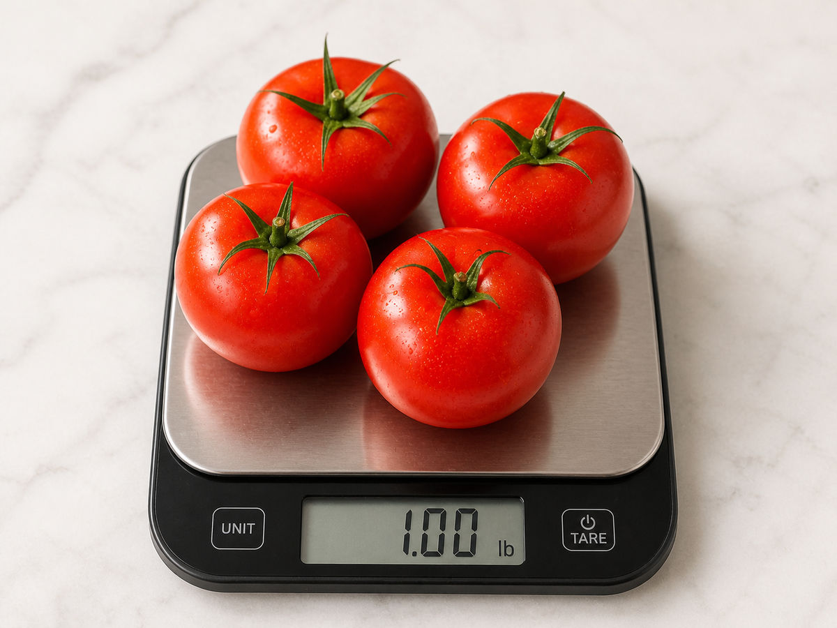 Fresh tomatoes on a kitchen scale for tomato weight conversion