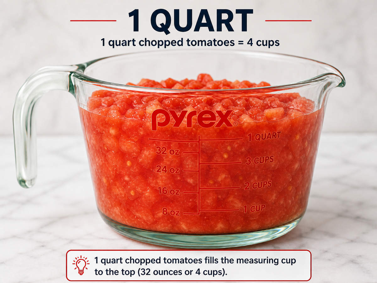 Chopped tomatoes in a large measuring cup for quart conversion