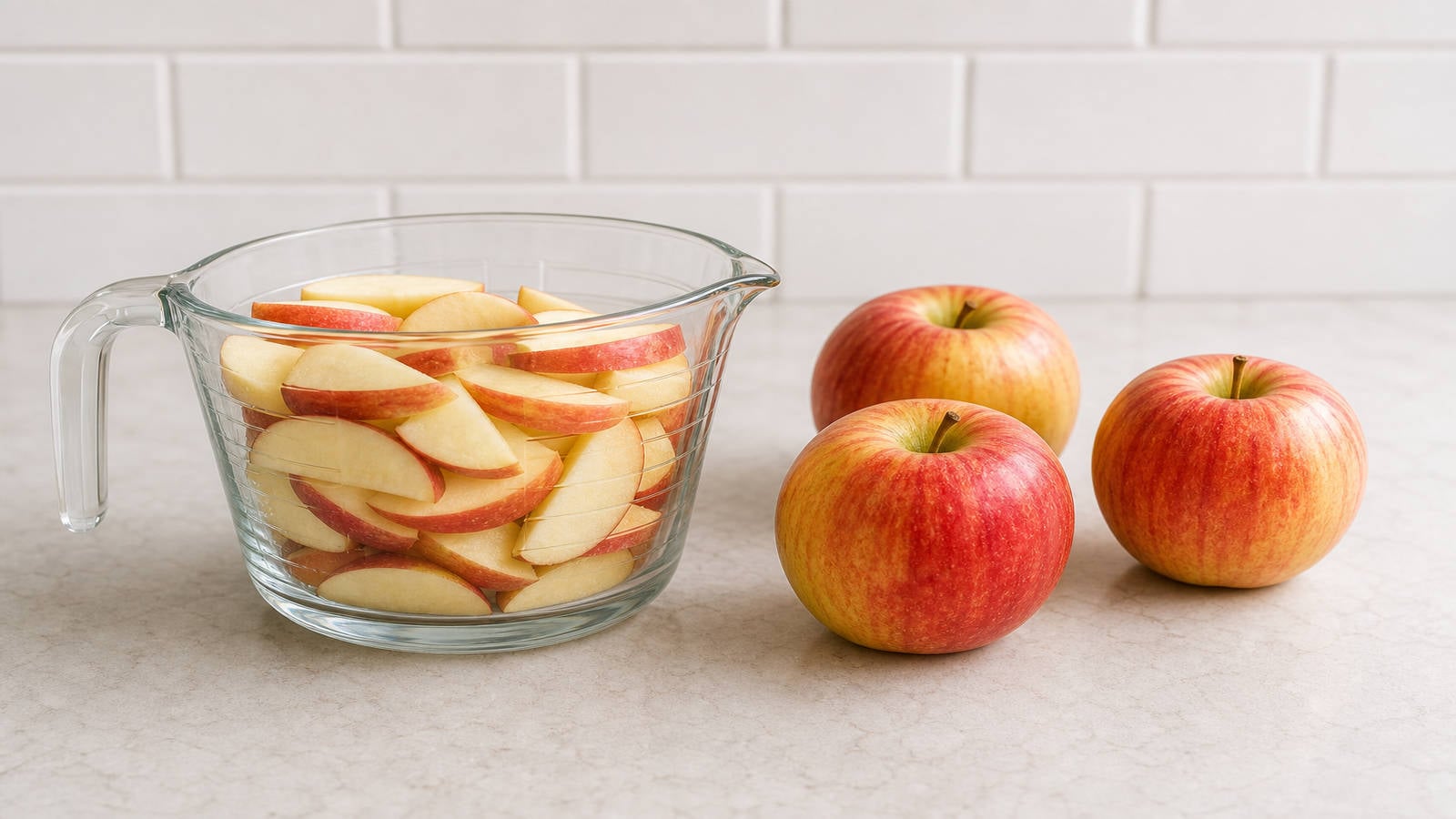 Sliced apples in a one quart measuring container with three whole apples beside it