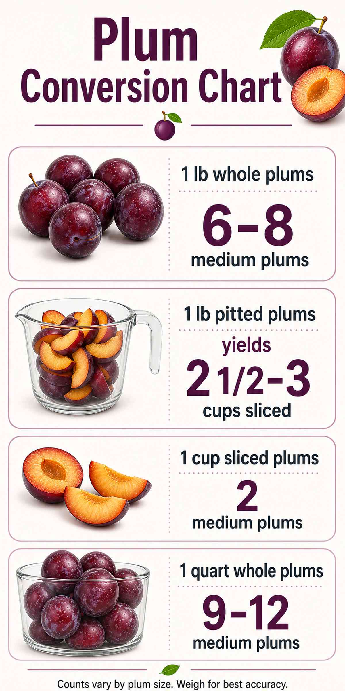 Plum conversion chart showing pound, cup, and quart measurements for whole and sliced plums.