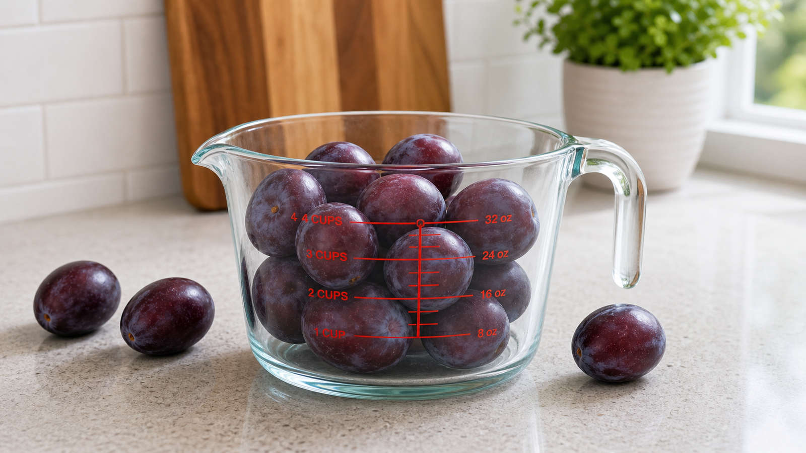 Whole purple plums in a clear four-cup measuring cup on a kitchen counter.
