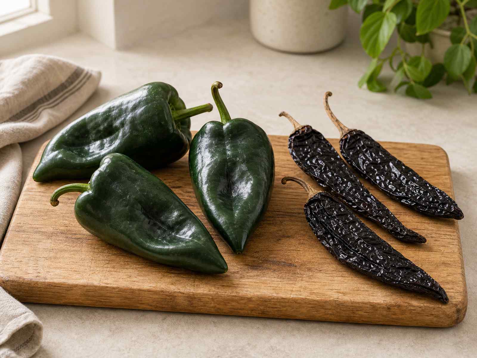Fresh poblano peppers beside dried pasilla chiles on a wooden board