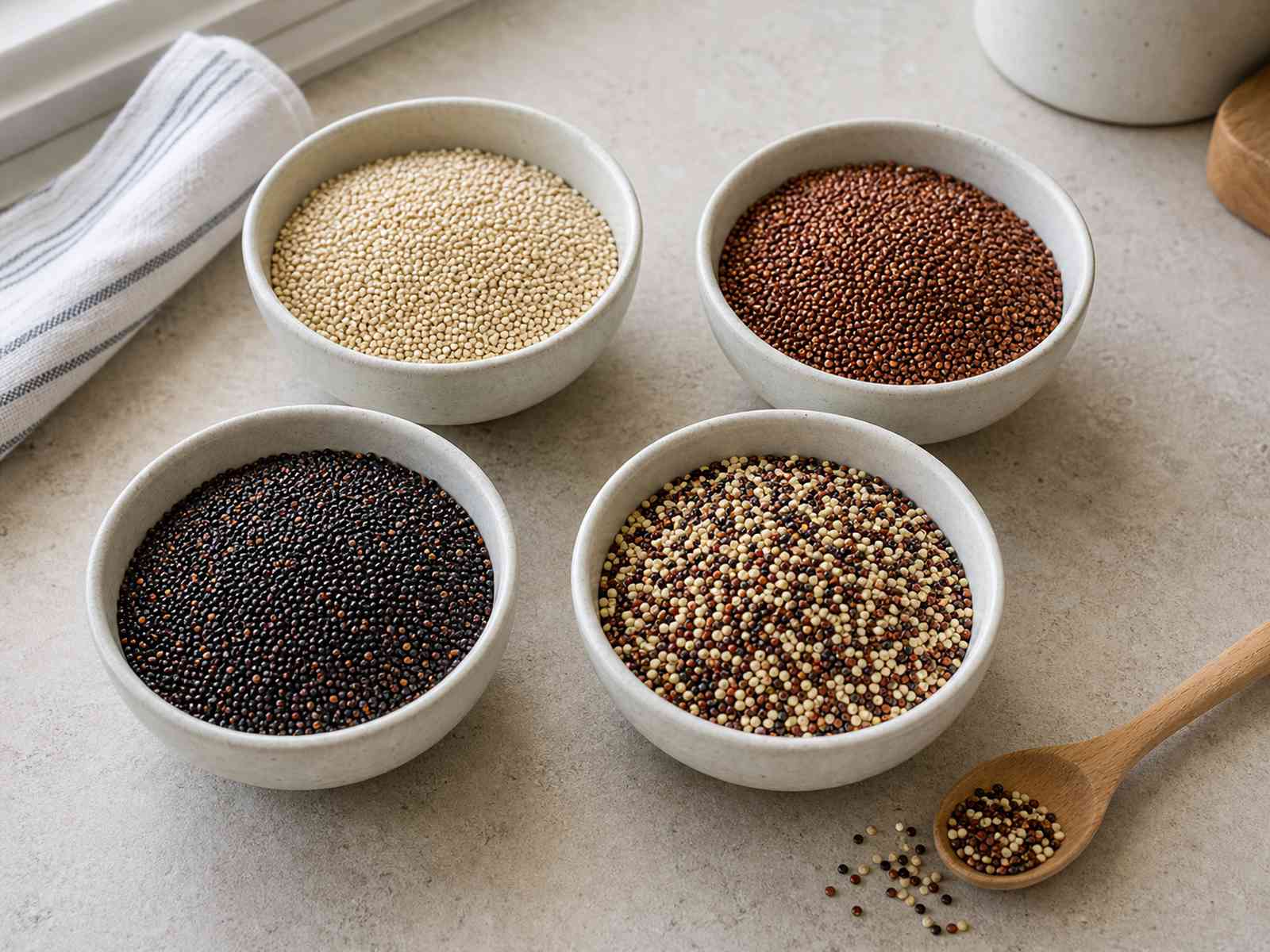Bowls of white, red, black, and tricolor quinoa varieties on a kitchen counter.