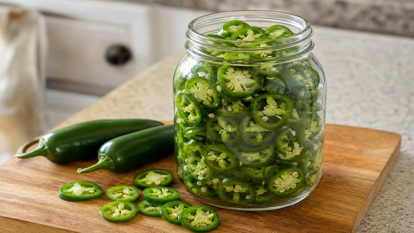 Sliced jalapenos packed in a quart jar