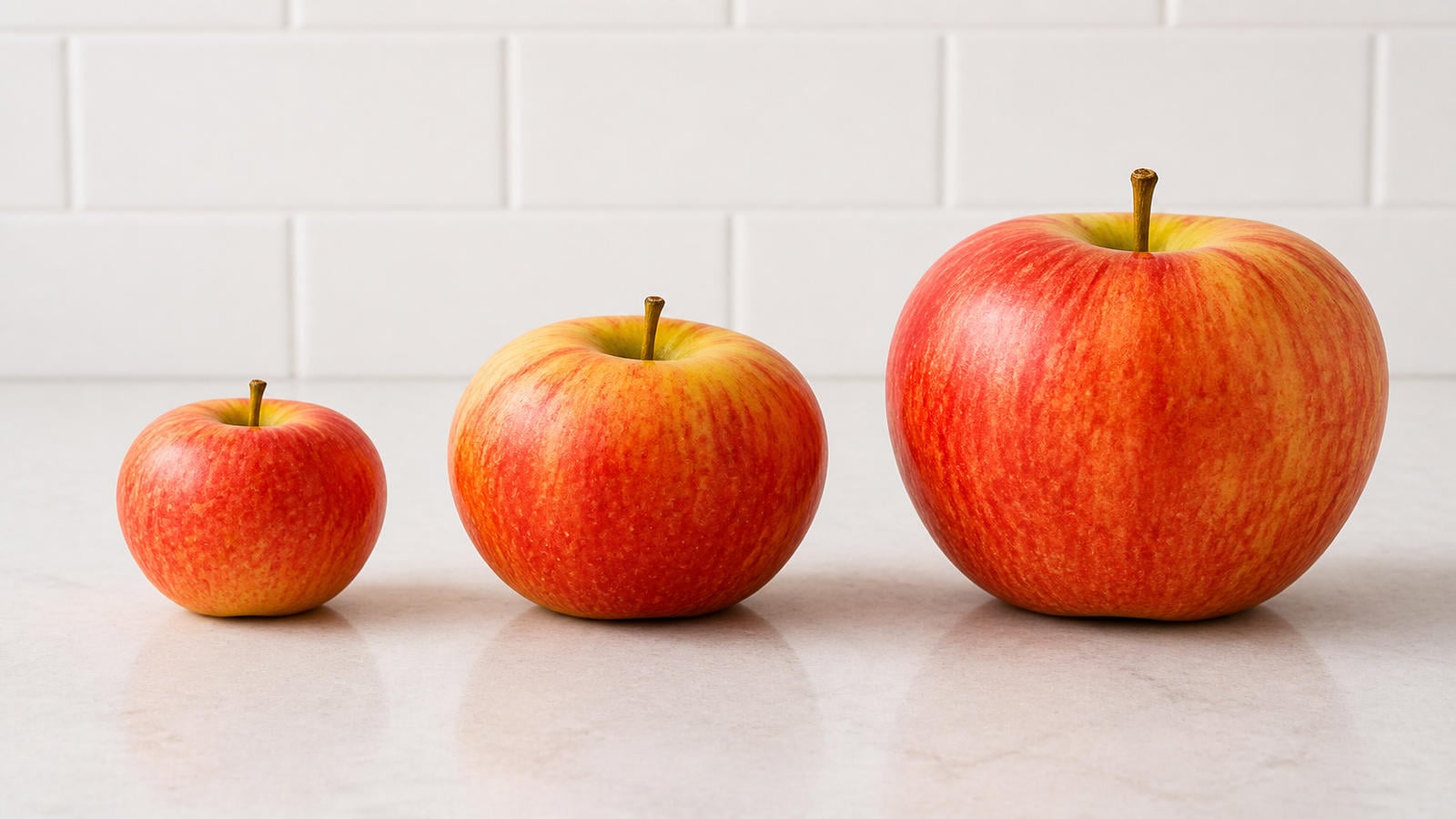 Small medium and large apples arranged side by side for size comparison