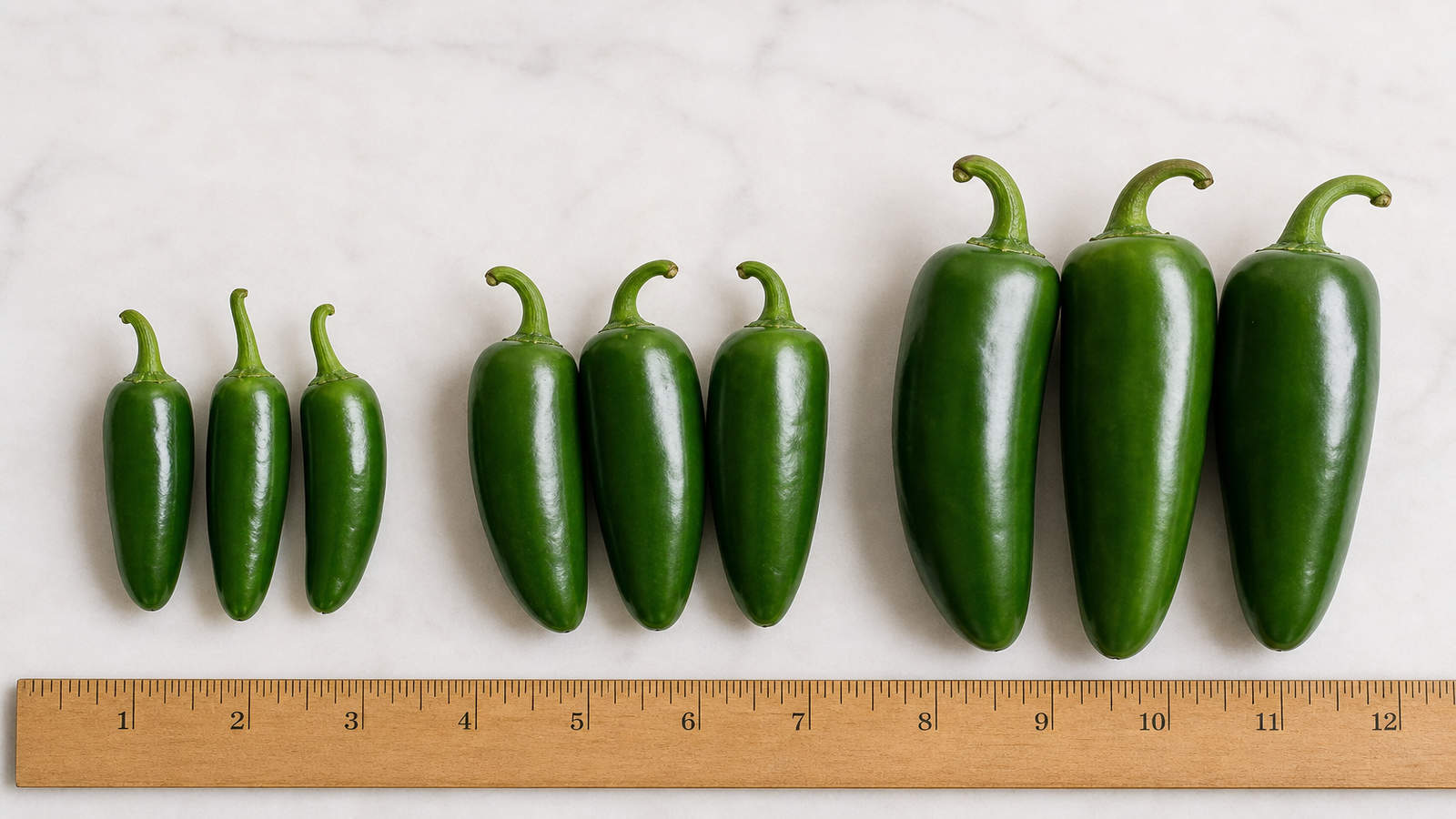 Small medium and large jalapenos arranged by size with a ruler