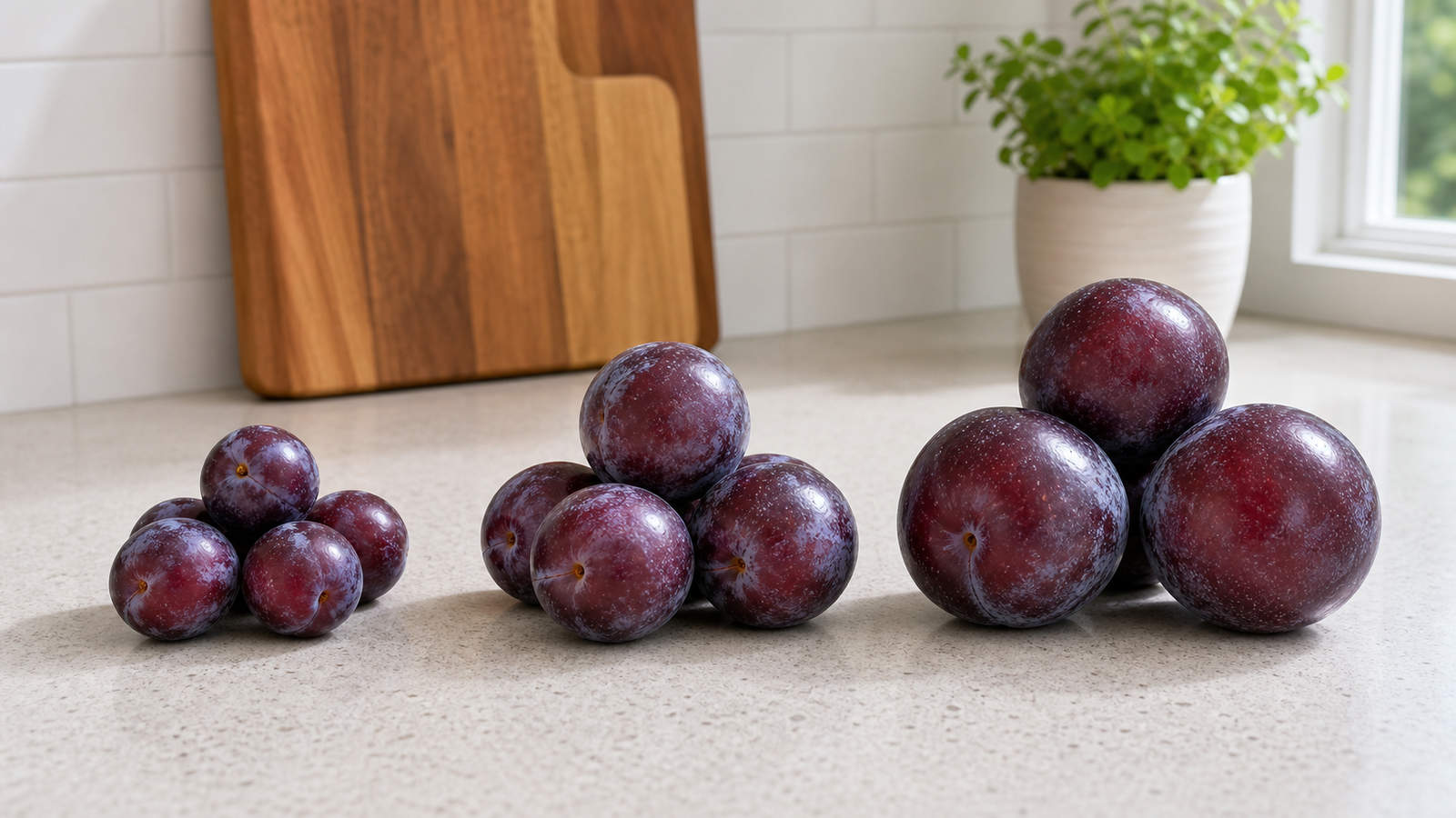Small, medium, and large purple plums arranged side by side on a kitchen counter.