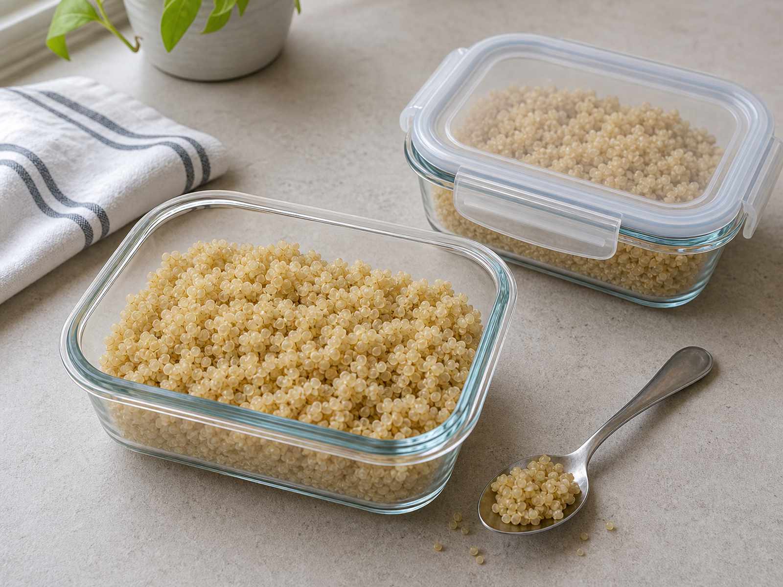 Cooked quinoa stored in clear airtight glass containers for meal prep.