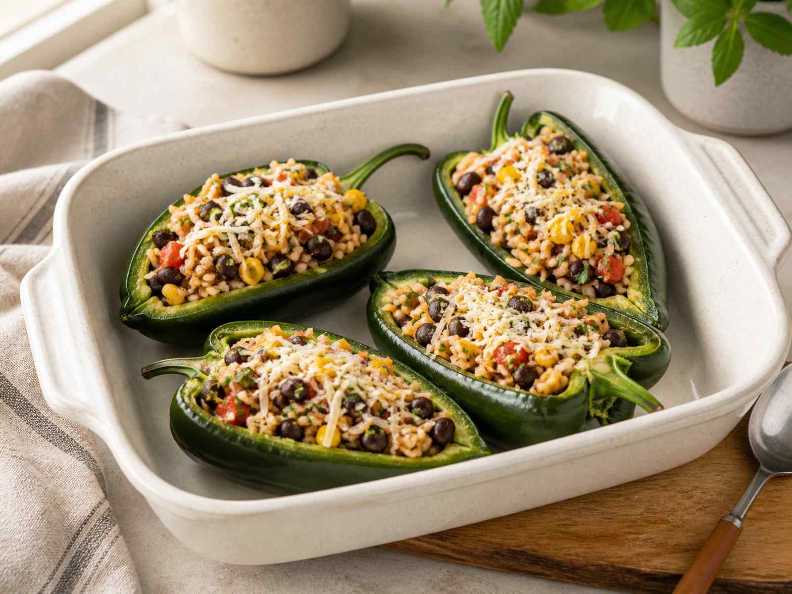 Stuffed poblano peppers in a baking dish before baking