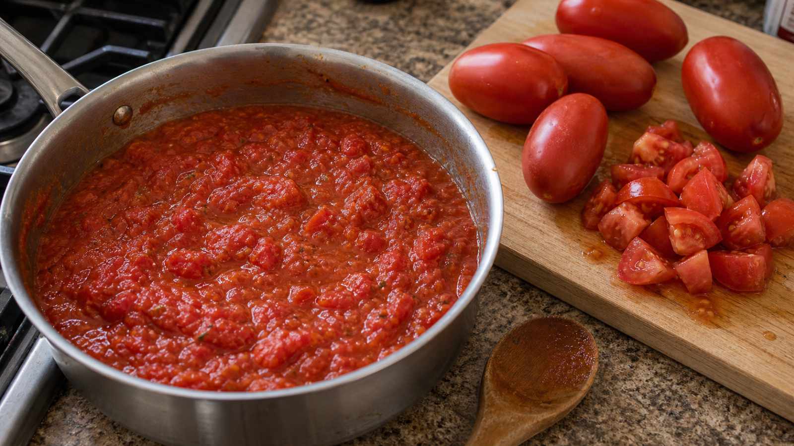Chunky tomato sauce simmering beside Roma tomatoes and chopped tomatoes