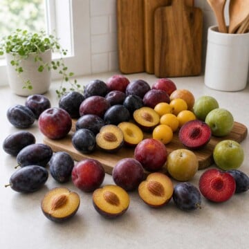 Assorted plum varieties shown whole and cut with purple, red, yellow, and green fruit.