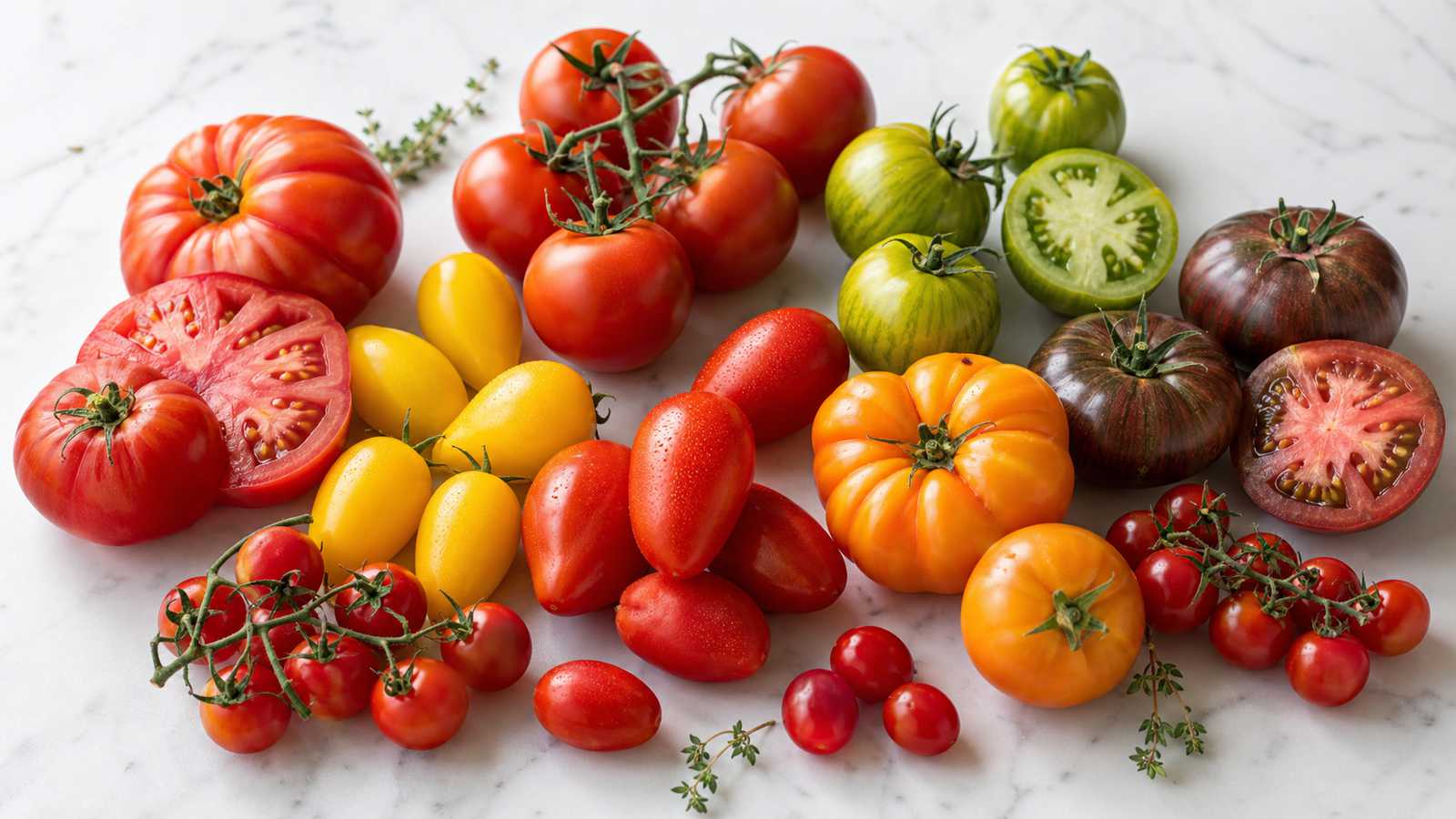 Assorted tomato varieties including red beefsteak, Roma, cherry, yellow pear, green striped, and dark heirloom tomatoes