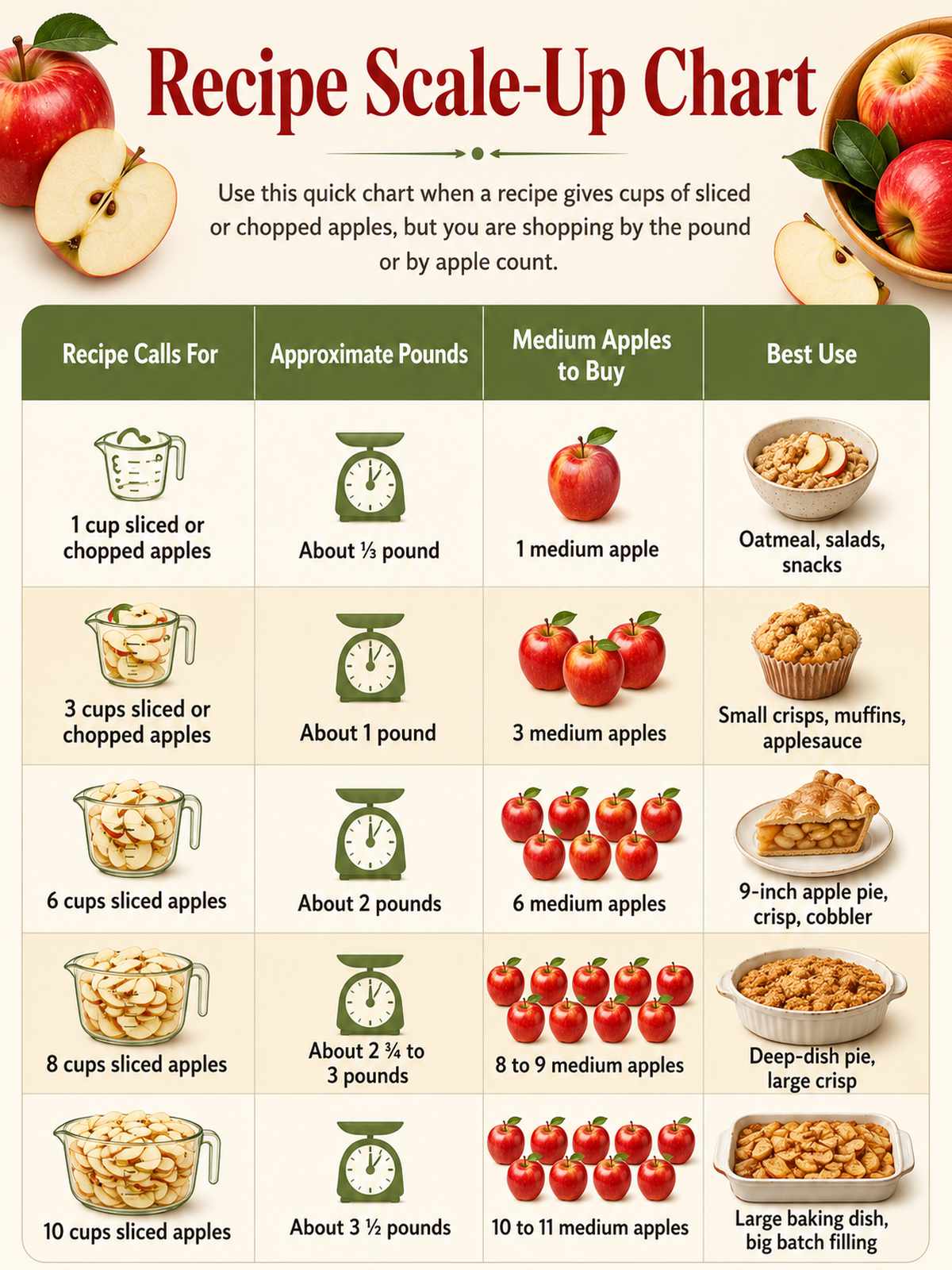 Apple recipe scale-up chart showing cups of sliced apples, pounds needed, medium apples to buy, and best recipe uses.
