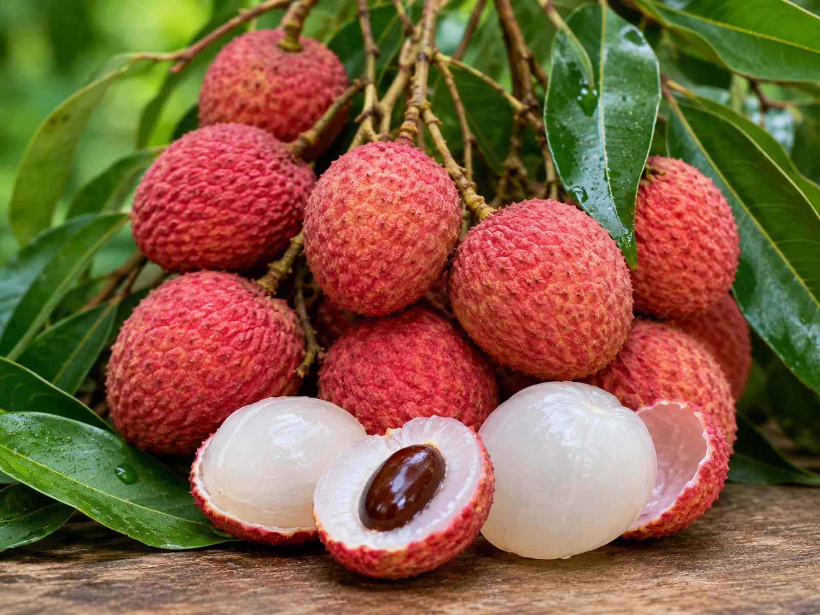 Bengal lychee fruit close up with red textured skin and pale flesh