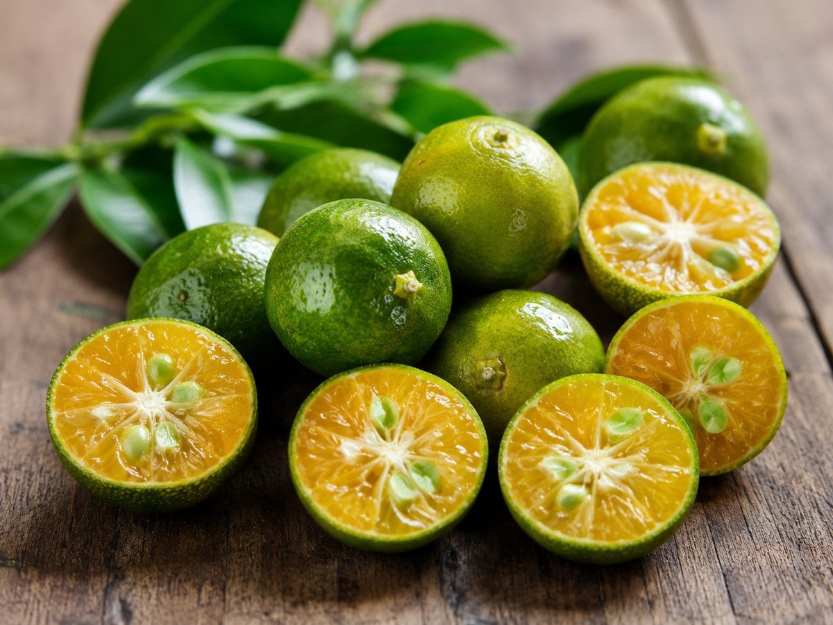 Fresh limequats, whole and halved, showing yellow-green citrus skin and juicy orange flesh on a rustic wooden surface.
