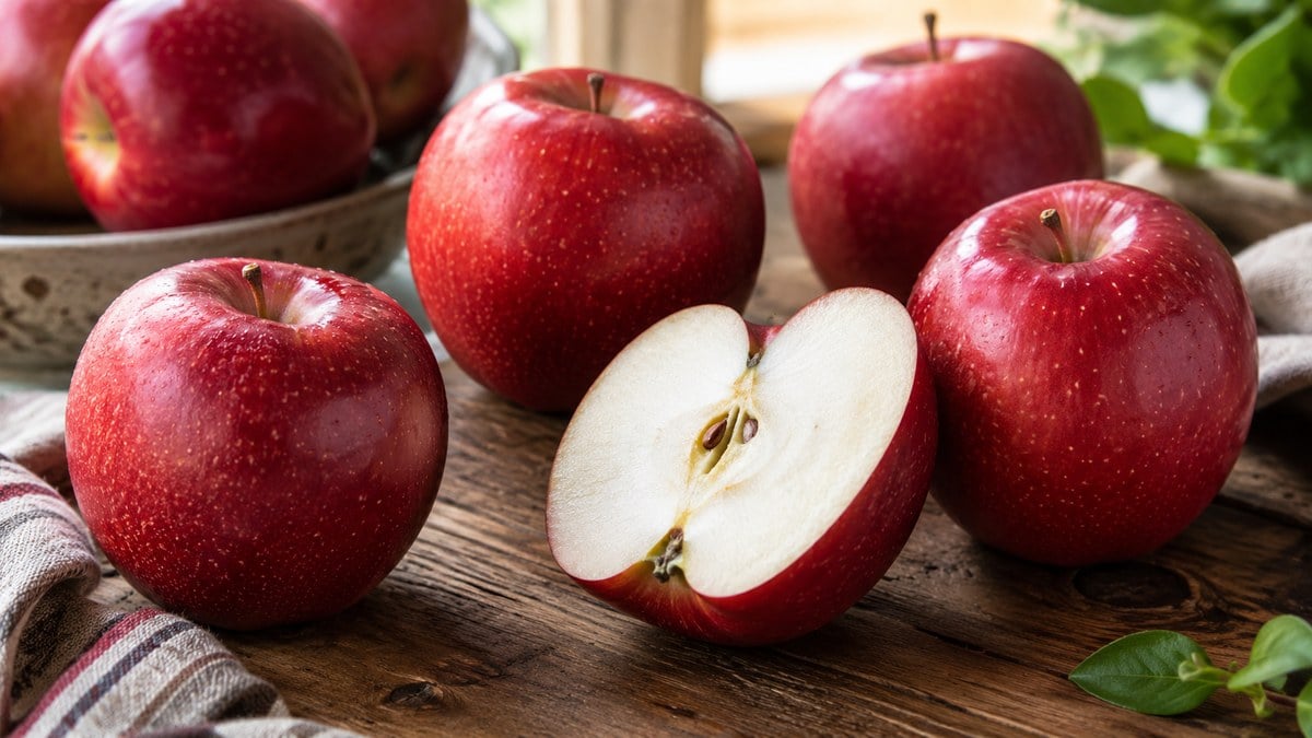 Fresh Cosmic Crisp apples with deep red speckled skin and one sliced apple showing crisp white flesh on a rustic wooden table.