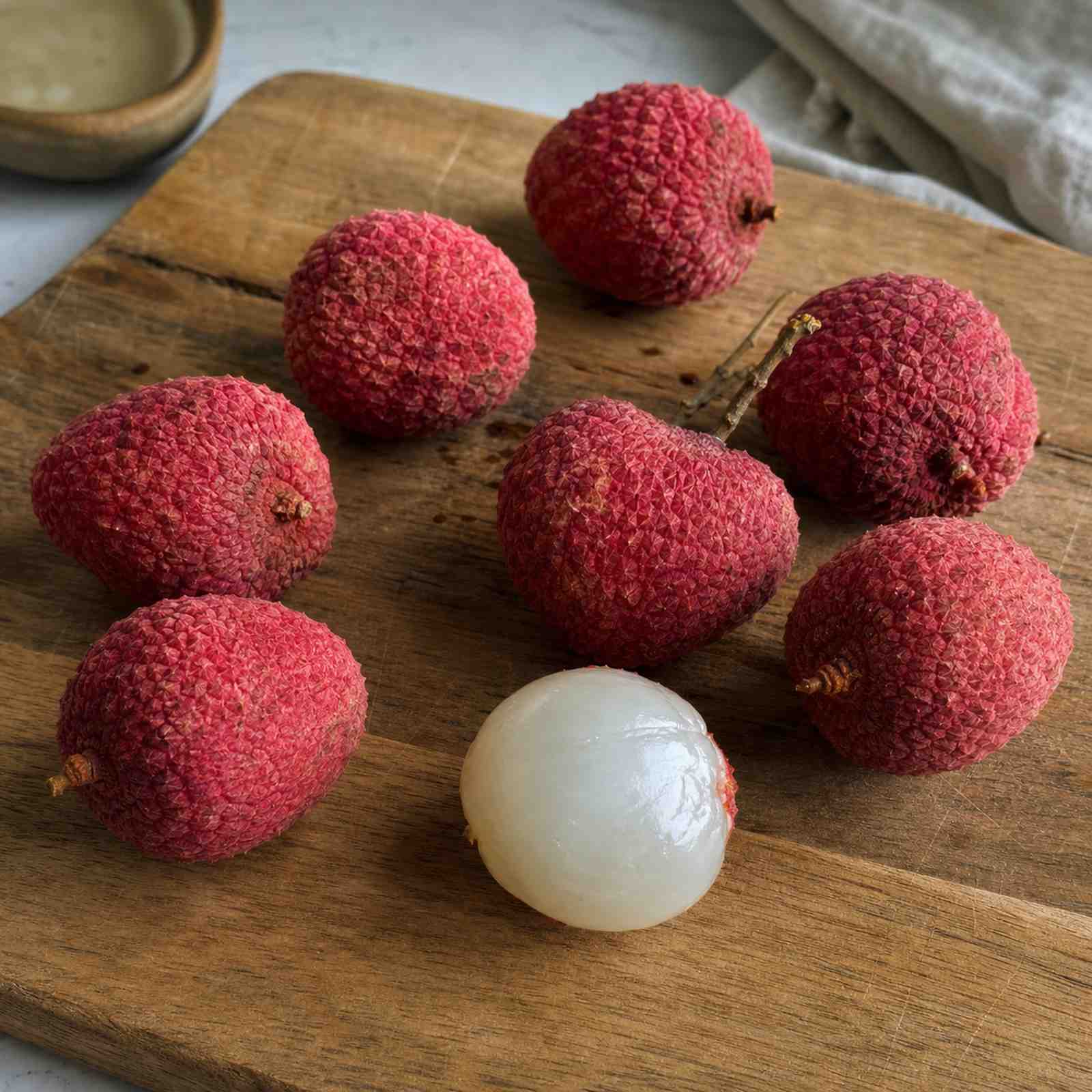 Emperor lychee fruit growing on a tree branch
