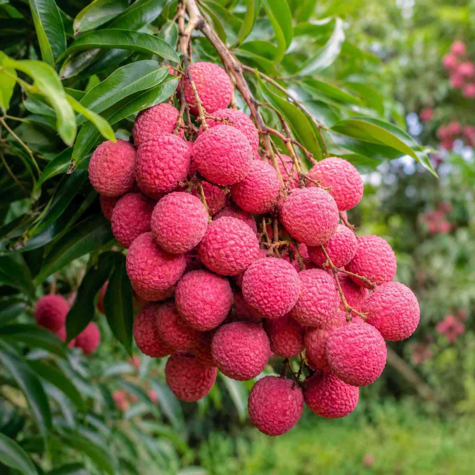 Groff lychee fruit cluster growing on a tree