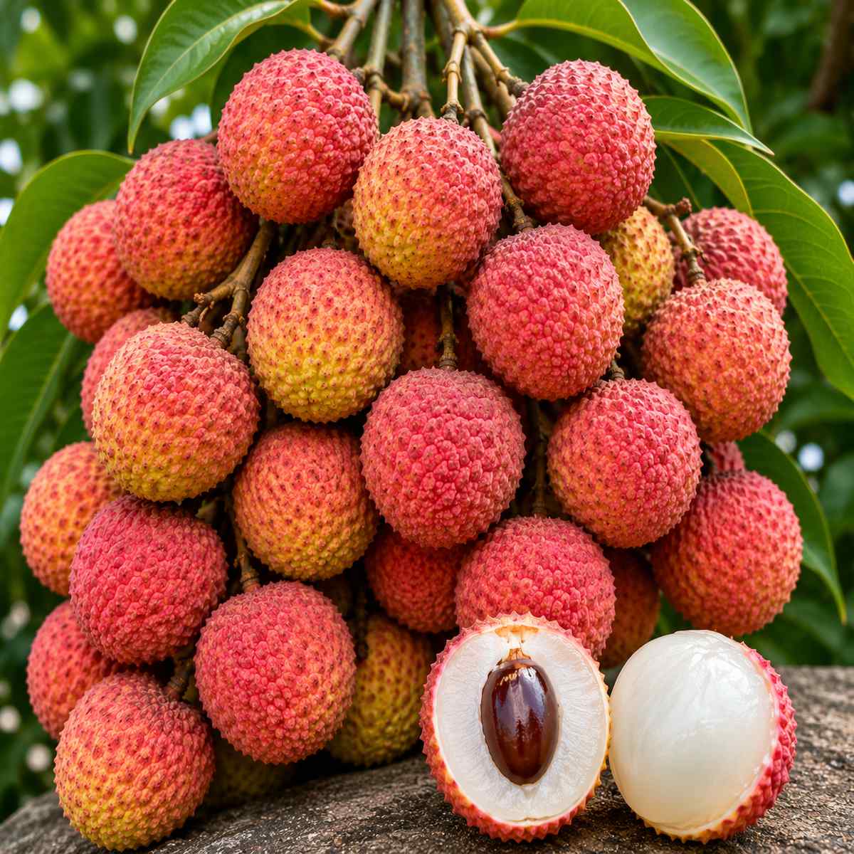 Hak Ip lychee fruit cluster with red textured skin