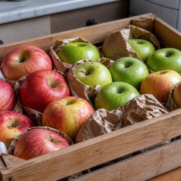 Whole apples stored in a wooden crate with paper wrapping.