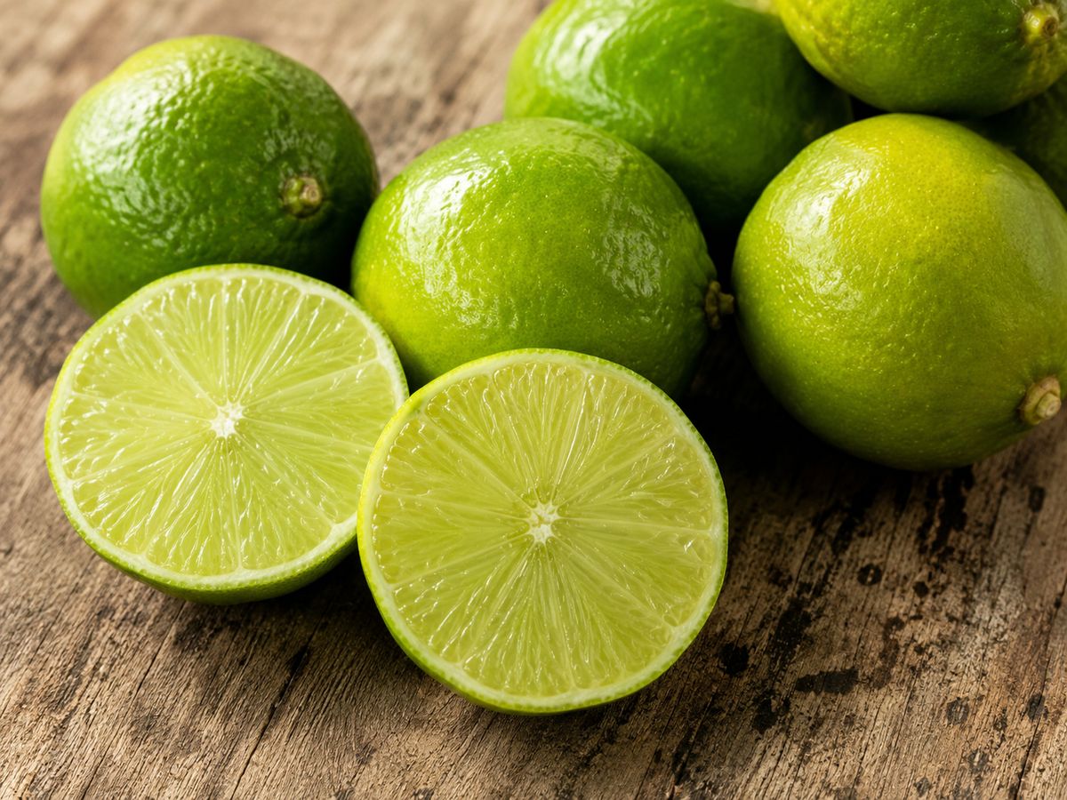 Fresh Key limes, whole and halved, showing glossy green skin and pale juicy citrus flesh on a rustic wooden surface.