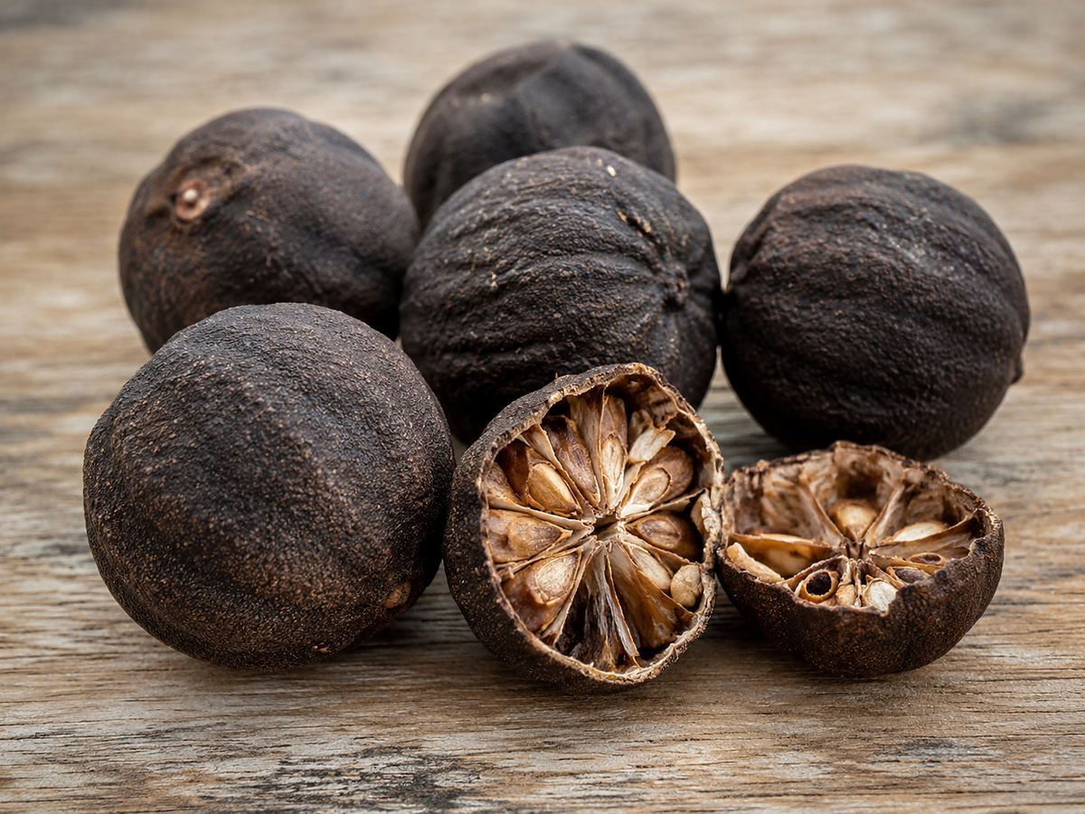 Omani dried limes, also called black limes or loomi, with cracked pieces showing the dried citrus interior.