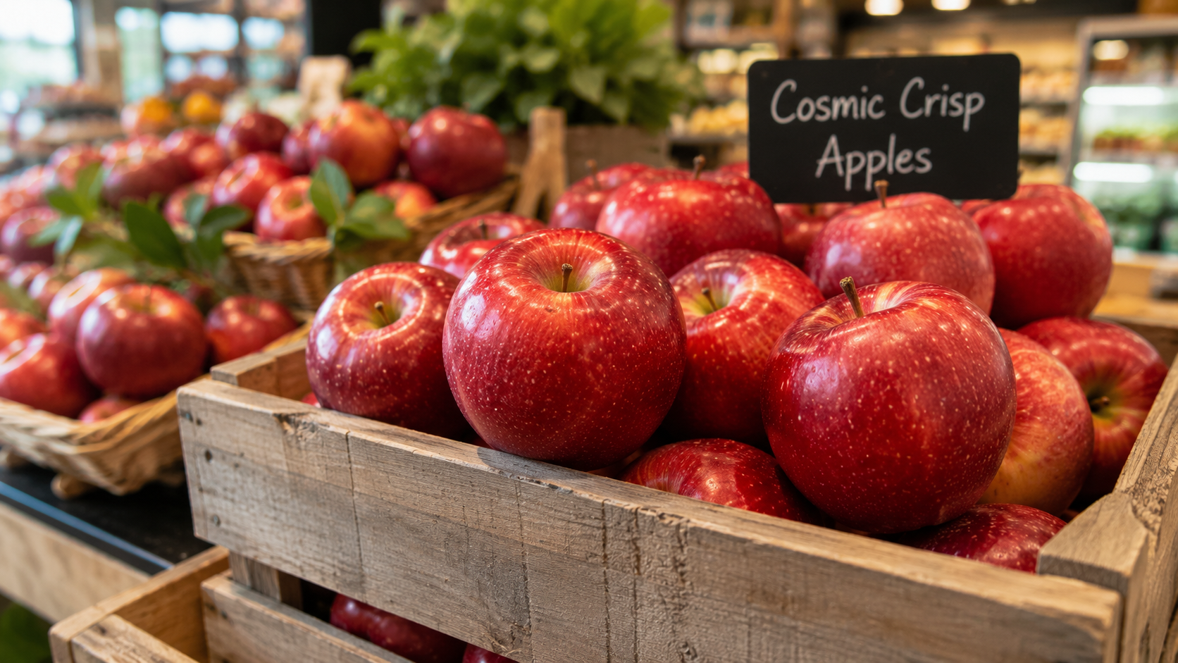 Cosmic Crisp apples displayed in wooden crates at a grocery produce market with a small chalkboard sign.