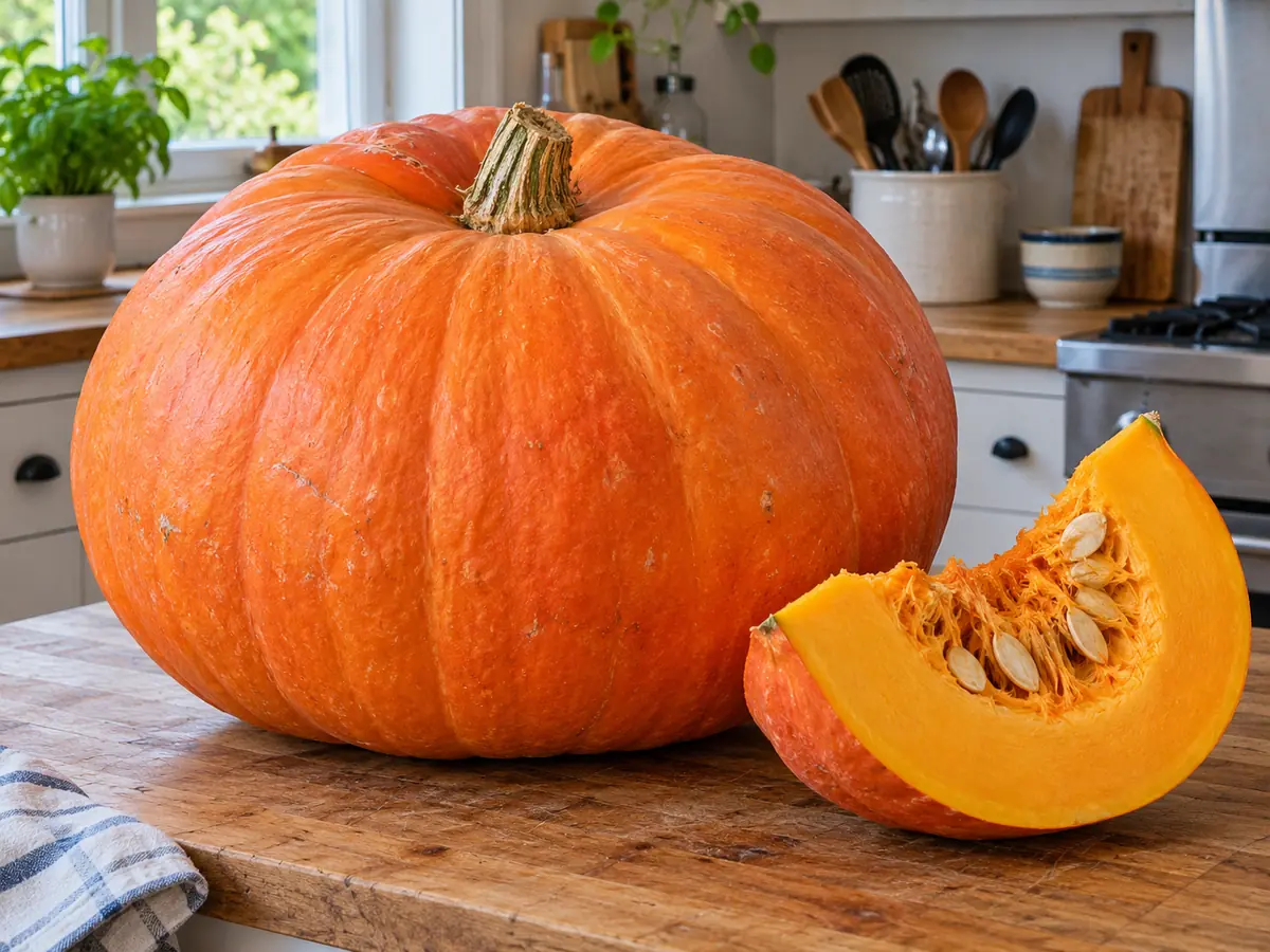 Large ribbed orange Big Max pumpkin on a kitchen counter beside a cut wedge showing orange flesh and seeds