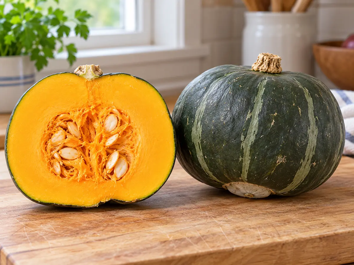 Whole dark green Bonbon buttercup squash with a gray-green blossom-end button beside a half showing dense orange flesh and seeds
