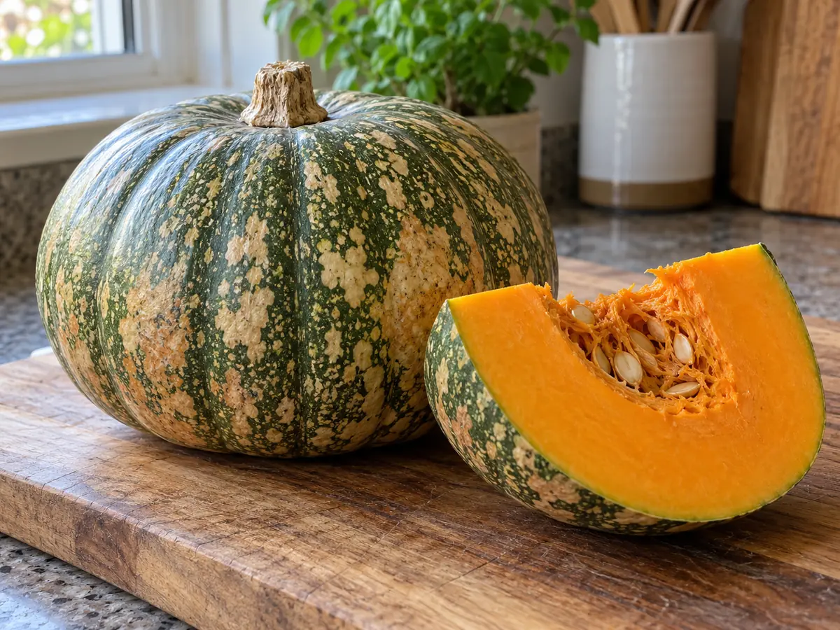 Whole calabaza squash with mottled green and tan skin beside a cut wedge showing bright orange flesh and seeds