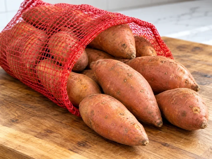 A five-pound mesh bag of sweet potatoes with several roots spilling out.