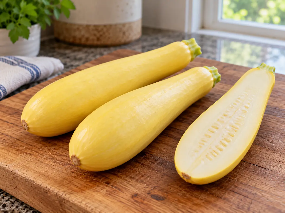 Three smooth yellow Fortune summer squash on a wooden cutting board, one halved lengthwise to show pale flesh and seeds