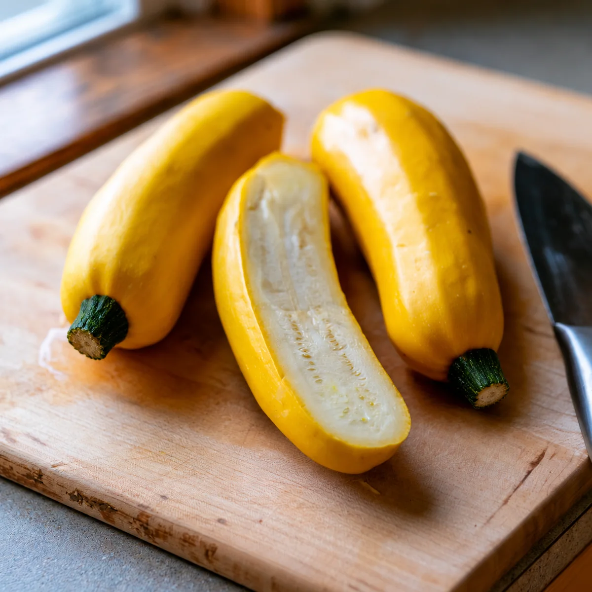 Three Gold Rush yellow zucchini on a wooden cutting board, one halved to show creamy white flesh