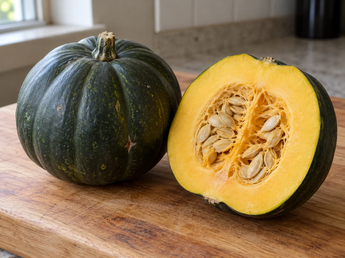 Whole dark green ribbed Honey Bear acorn squash beside a halved squash showing orange flesh and seeds