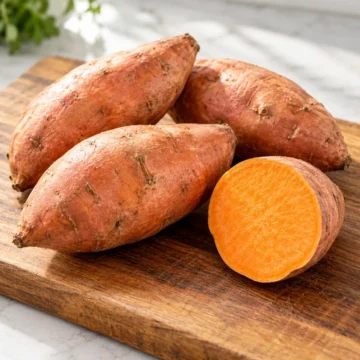 Whole sweet potatoes and a cut piece showing orange flesh on a wooden cutting board.