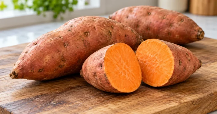 Three medium sweet potatoes with one cut in half to show orange flesh on a wooden cutting board.