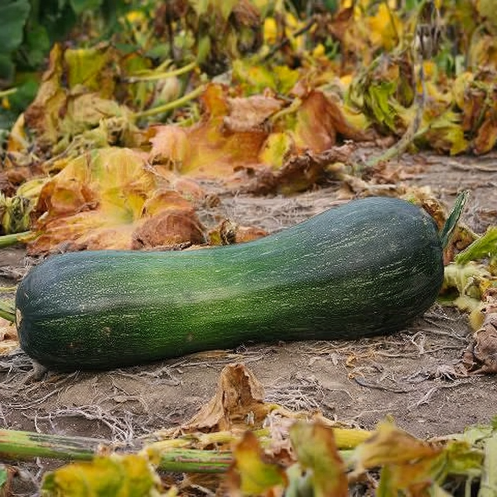 Long dark green Naples Long squash lying on the ground in a squash patch