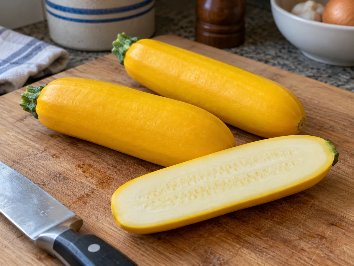 Three golden-yellow Parador squash on a wooden cutting board, one halved lengthwise to show cream flesh and seeds
