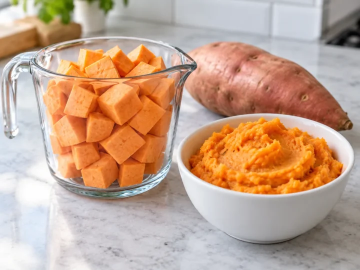 Raw cubed sweet potato in a measuring cup beside a bowl of mashed sweet potato.