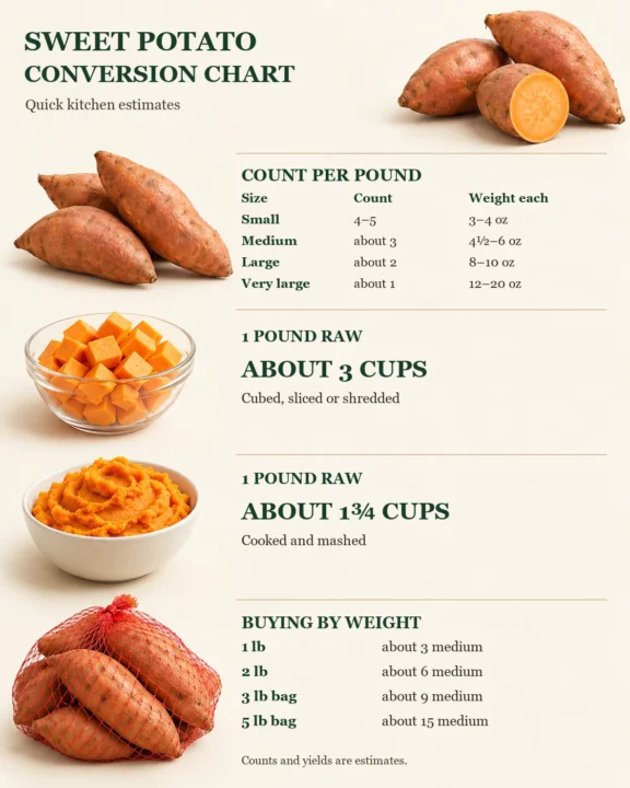 Sweet potato conversion chart showing counts per pound by size, cups cubed and mashed, and bag sizes.